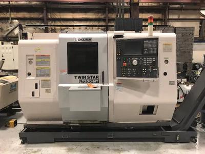 Okuma twin star 200my cnc lathe w twin turrets twin spindle c y axis parts catcher lns barfeed chip blaster (2004)